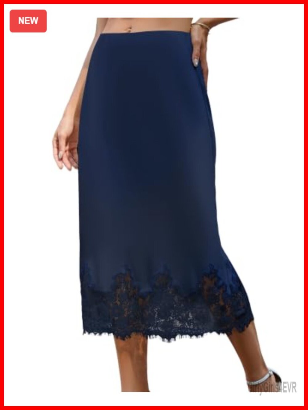 Satin Midi Skirt High Waisted A-Line Lace Trim